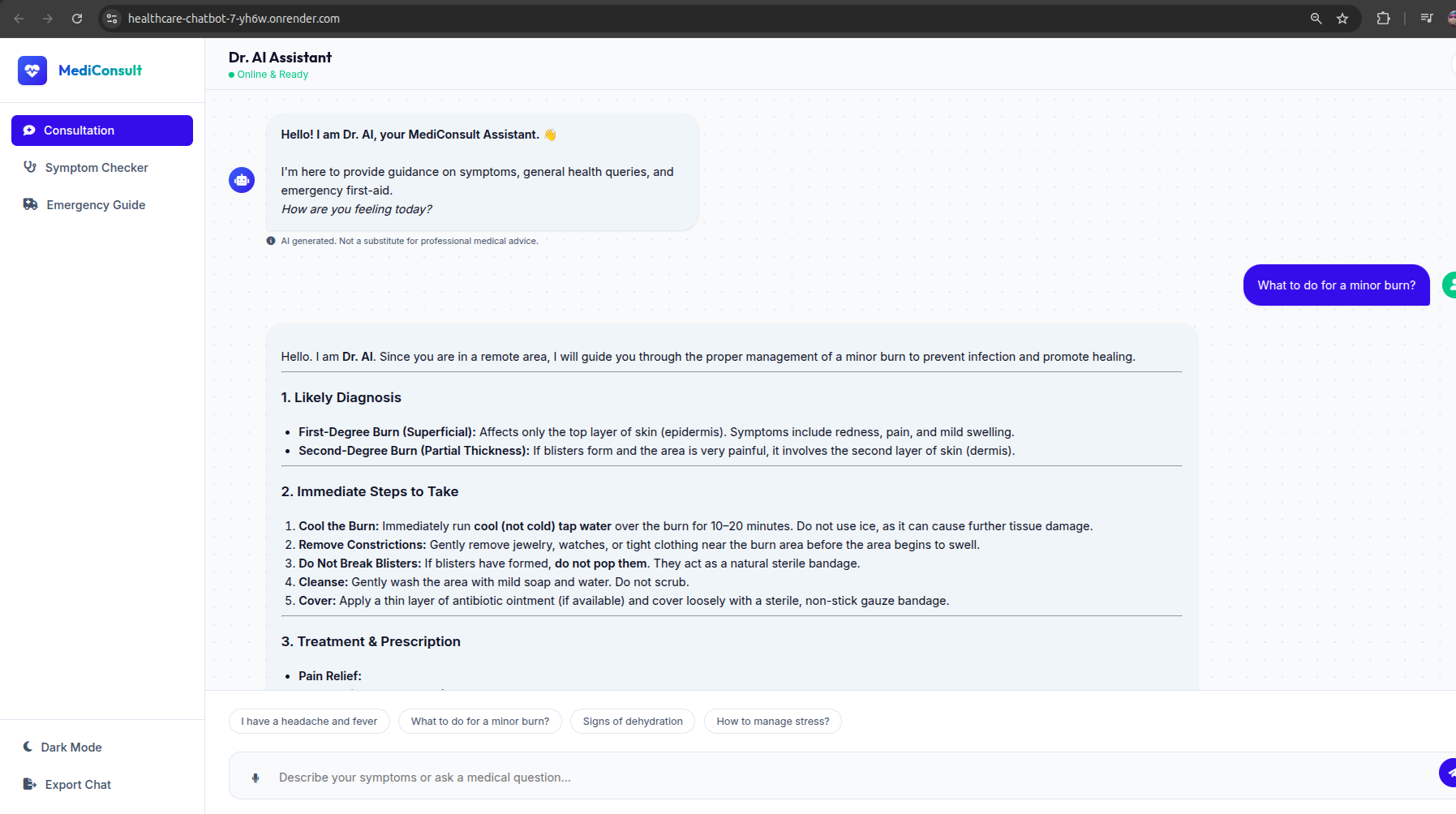 Healthcare Chatbot screenshot